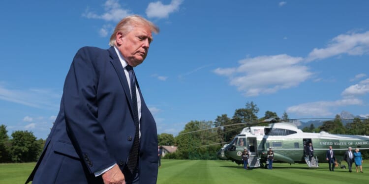 President Donald Trump arrives after landing in Marine One en route to the G7 Leaders' Summit at the Hotel Royal, Evian Resort, on June 15, 2026, in Evian-les-Bains, France.