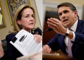 Rep. Madeleine Dean, left, a Pennsylvania Democrat, confronted acting Attorney General Todd Blanche about redactions in documents released concerning the late sex offender Jeffrey Epstein.