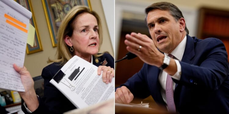 Rep. Madeleine Dean, left, a Pennsylvania Democrat, confronted acting Attorney General Todd Blanche about redactions in documents released concerning the late sex offender Jeffrey Epstein.