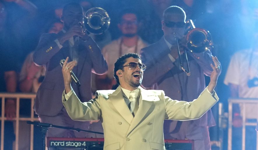 Bad Bunny performs in concert during his Debi Tirar Mas Fotos World Tour, at the Allianz Parque stadium in Sao Paulo, Friday, Feb. 20, 2026. (AP Photo/Andre Penner, File)