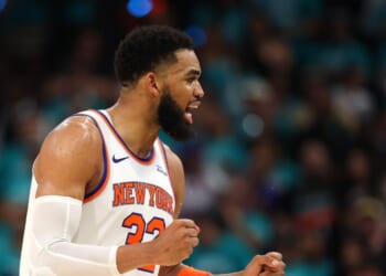 Karl-Anthony Towns of the New York Knicks reacts during the fourth quarter against the San Antonio Spurs in Game One of the 2026 NBA Finals at Frost Bank Center on June 3, 2026, in San Antonio, Texas.