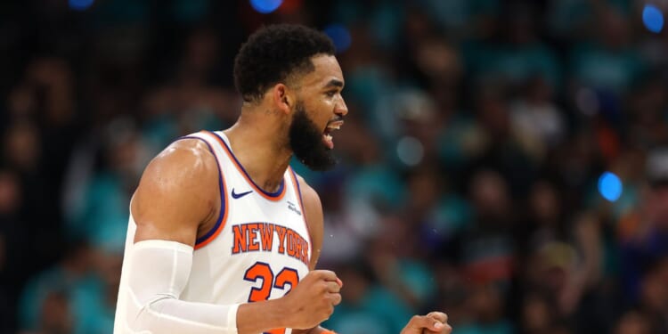 Karl-Anthony Towns of the New York Knicks reacts during the fourth quarter against the San Antonio Spurs in Game One of the 2026 NBA Finals at Frost Bank Center on June 3, 2026, in San Antonio, Texas.