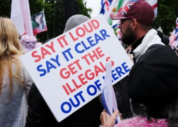 British citizens protest their country's immigration policies at a Unite the Kingdom rally in London on May 16, 2026.