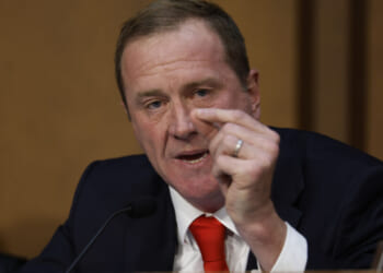 WASHINGTON, DC - SEPTEMBER 16: Sen. Eric Schmitt (R-MO) blames "leftists" for the rise in political violence while questioning Federal Bureau of Investigation Director Kash Patel during a Senate Judiciary Committee in the Hart Senate Office Building on Capitol Hill on September 16, 2025 in Washington, DC. In the wake of the assassination of Turning Point USA founder Charlie Kirk, Schmitt said, "Don't give me this both sides bullshit!" while blaming liberal politicians, groups and individuals for the majority of political violence in the United States. (Photo by Chip Somodevilla/Getty Images)