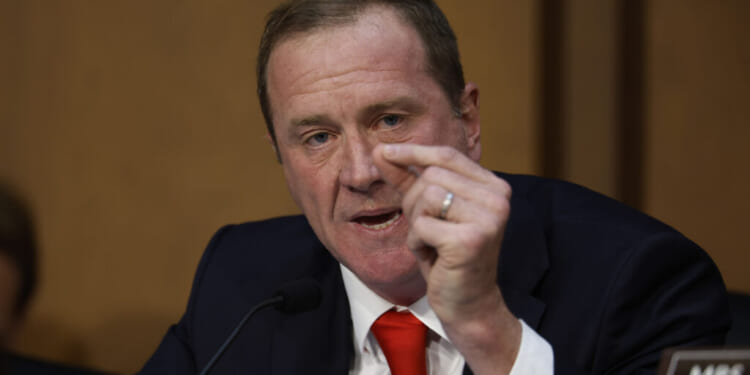 WASHINGTON, DC - SEPTEMBER 16: Sen. Eric Schmitt (R-MO) blames "leftists" for the rise in political violence while questioning Federal Bureau of Investigation Director Kash Patel during a Senate Judiciary Committee in the Hart Senate Office Building on Capitol Hill on September 16, 2025 in Washington, DC. In the wake of the assassination of Turning Point USA founder Charlie Kirk, Schmitt said, "Don't give me this both sides bullshit!" while blaming liberal politicians, groups and individuals for the majority of political violence in the United States. (Photo by Chip Somodevilla/Getty Images)