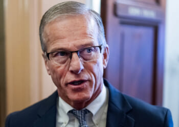 Senate Majority Leader John Thune speaks to reporters in the Capitol.