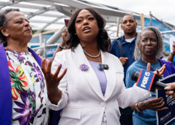 D.C. Ward 4 Council member Janeese Lewis George, candidate for D.C. mayor, addresses supporters to Prince Hall Masonic Temple, a polling location, to vote in Washington, D.C. on Monday, June 8, 2026.
