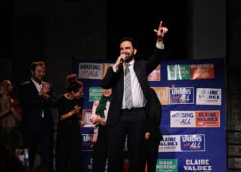 New York City Mayor Zohran Mamdani speaks during a primary night watch party for congressional candidate Claire Valdez at 99 Scott Studio on June 23, 2026, in the East Williamsburg neighborhood of the Brooklyn borough in New York City.
