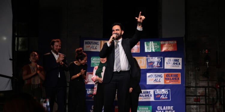 New York City Mayor Zohran Mamdani speaks during a primary night watch party for congressional candidate Claire Valdez at 99 Scott Studio on June 23, 2026, in the East Williamsburg neighborhood of the Brooklyn borough in New York City.