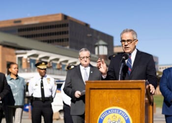 Philadelphia District Attorney Larry Krasner speaks to reporters on Independence Mall about his offices Election Task Force and Election Day security in Philadelphia, Pennsylvania, on Nov. 7, 2022.