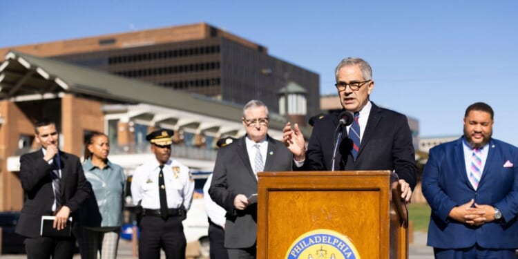 Philadelphia District Attorney Larry Krasner speaks to reporters on Independence Mall about his offices Election Task Force and Election Day security in Philadelphia, Pennsylvania, on Nov. 7, 2022.