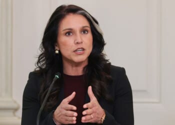 Director of National Intelligence Tulsi Gabbard delivers remarks as President Donald Trump delivers an announcement on his Homeland Security Task Force in the State Dining Room of the White House on Oct. 23, 2025, in Washington, D.C.