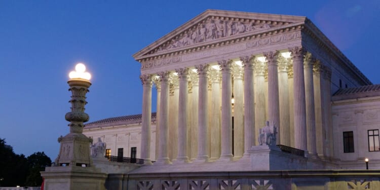 The U.S. Supreme Court is seen at dusk on May 28, 2026, in Washington, D.C.
