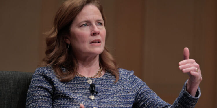 WASHINGTON, DC - MARCH 12: U.S. Supreme Court Associate Justice Amy Coney Barrett participates in the Supreme Court Fellows Program Annual Lecture in the Coolidge Auditorium at the Library of Congress on March 12, 2026 in Washington, DC. Hosted by the Law Library of Congress and the Supreme Court Fellows Program, the question-and-answer program with Barrett lasted an hour during which she spoke about her personal journey to the Supreme Court and her perspectives on a variety of topics, including academics, traditions and the law. (Photo by Chip Somodevilla/Getty Images)