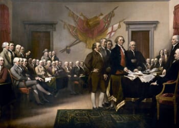 An 1818 painting by John Trumbull depicts the Founding Fathers presenting their draft of the Declaration of Independence.