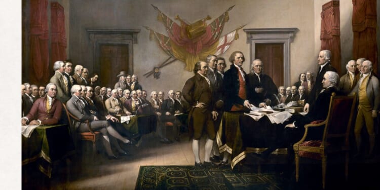 An 1818 painting by John Trumbull depicts the Founding Fathers presenting their draft of the Declaration of Independence.