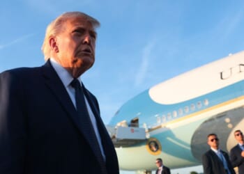 President Donald Trump walks to speak to reporters as he arrives at Orly Airport to attend a dinner with French President Emmanuel Macron at Chateau de Versailles on June 17, 2026, in Orly, France.
