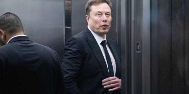 Elon Musk in a dark suit looks toward camera.