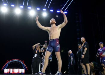 Bo Nickal greets fans Sunday after defeating Kyle Daukaus in a middleweight bout during UFC Freedom 250 on the South Lawn of the White House.