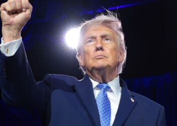 President Donald Trump pumps his fist at the Faith & Freedom Coalition's 2026 Policy Conference in Washington on June 26, 2026.