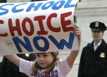 Girl holding a sign that says "school choice now"
