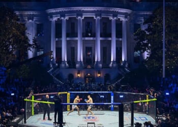 Brazil's Diego Lopes and America's Steve Garcia fight in the featherweight bout during the "UFC Freedom 250" mixed martial arts event Sunday on the South Lawn of the White House in Washington, D.C. The FBI reportedly foiled a domestic terror plot to use explosive-laden drones to hit buildings near the event, force a mass evacuation, and steer crowds toward a sniper team.