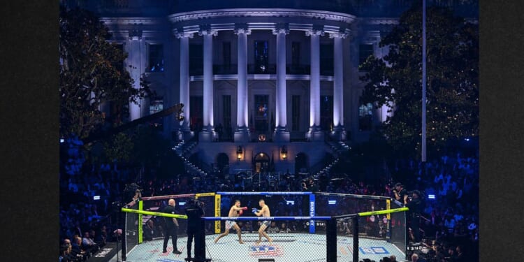 Brazil's Diego Lopes and America's Steve Garcia fight in the featherweight bout during the "UFC Freedom 250" mixed martial arts event Sunday on the South Lawn of the White House in Washington, D.C. The FBI reportedly foiled a domestic terror plot to use explosive-laden drones to hit buildings near the event, force a mass evacuation, and steer crowds toward a sniper team.