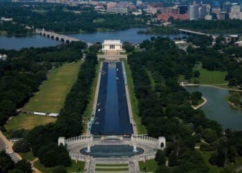 The Lincoln Memorial Reflecting Pool is partially filled with water Friday in Washington, D.C.