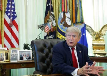 President Donald Trump talks to reporters after signing an executive order dealing with automobile repairs with Environmental Protection Agency Administrator Lee Zeldin in the Oval Office at the White House on June 29, 2026, in Washington, D.C.