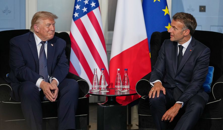 President Donald Trump meets with French President Emmanuel Macron during a bilateral meeting on the sidelines of the G7 summit, Monday, June 15, 2026, in Evian-les-Bains, France. (AP Photo/Julia Demaree Nikhinson)