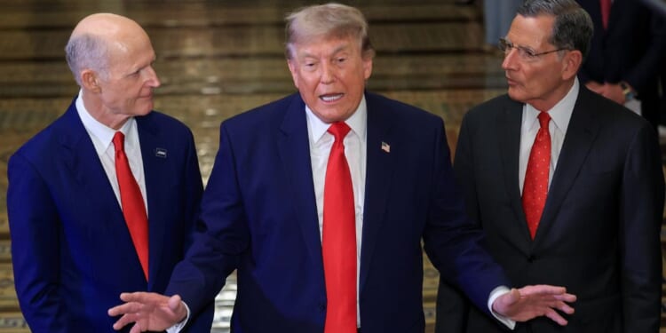President Donald Trump speaks to the media on Capitol Hill Wednesday, flanked by GOP Sens. Rick Scott of Florida, left, and Senate Majority Whip John Barrasso of Wyoming.