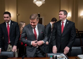 Montana Attorney General Austin Knudsen, Oklahoma Attorney General Gentner Drummond, Missouri Attorney General Andrew Bailey, and Frank O. Bowman III, professor emeritus of law, University of Missouri School of Law, arrive to testify before a House Homeland Security Committee hearing titled "Havoc in the Heartland: How Secretary Mayorkas' Failed Leadership Has Impacted the States," at the U.S. Capitol on Jan. 10, 2024, in Washington, D.C.