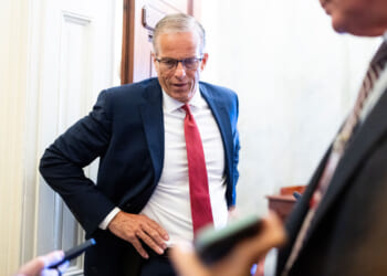 Senate Majority Leader John Thune, R-S. Dak., speaks to reporters outside his office in the U.S. Capitol on Tuesday, June 16, 2026.