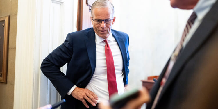 Senate Majority Leader John Thune, R-S. Dak., speaks to reporters outside his office in the U.S. Capitol on Tuesday, June 16, 2026.