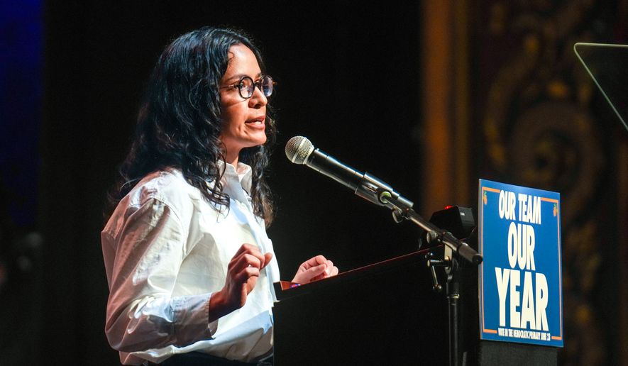 Democratic congressional candidate Claire Valdez speaks during a Get Out The Vote rally ahead of New York's primary election, Thursday, June 18, 2026, in the Brooklyn borough of New York. (AP Photo/Ryan Murphy)