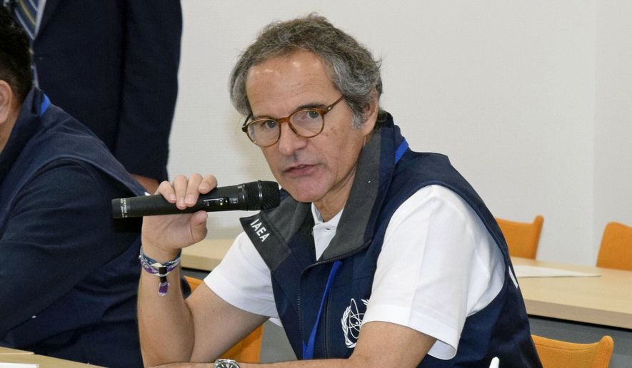 International Atomic Energy Agency Director-General Rafael Grossi speaks during a meeting with Tokyo Electric Power Company Holdings officials at Fukushima Daiichi nuclear power plant in Okuma, Fukushima prefecture, Japan, Wednesday, June 24, 2026. (Kyodo News via AP)
