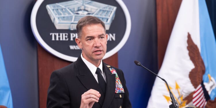 CENTCOM Commander Adm. Brad Cooper speaks during a press briefing at the Pentagon in Washington, D.C., on April 16, 2026.