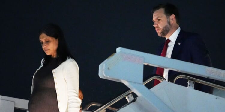 Vice President J.D. Vance and Second Lady Usha Vance arrive on Air Force Two at Colorado Springs Airport on May 27, 2026, in Colorado Springs, Colorado.