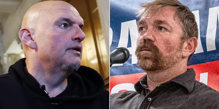 Sen. John Fetterman of Pennsylvania, left, issued the challenge to Maine senate candidate Graham Platner, right.