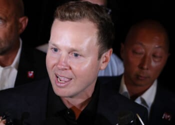 Los Angeles mayoral candidate Spencer Pratt speaks to the media outside an election-night party June 2.