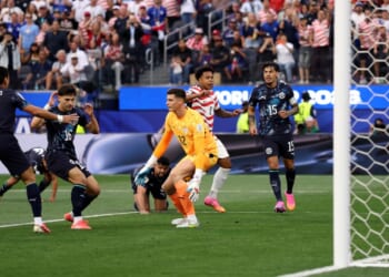 Men's players from the U.S. and Paraguay national teams compete in the FIFA World Cup at Los Angeles Stadium on June 12, 2026.