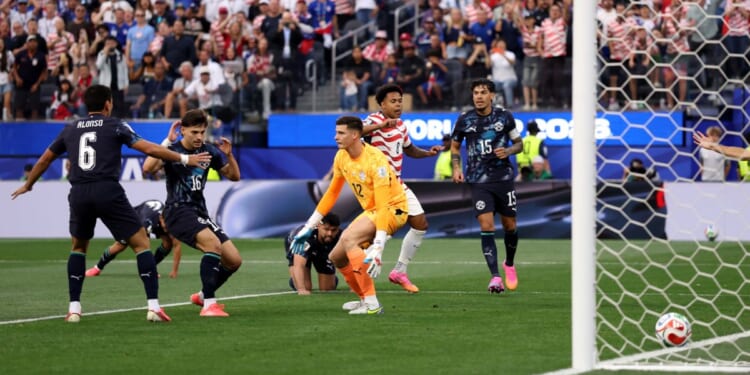 Men's players from the U.S. and Paraguay national teams compete in the FIFA World Cup at Los Angeles Stadium on June 12, 2026.