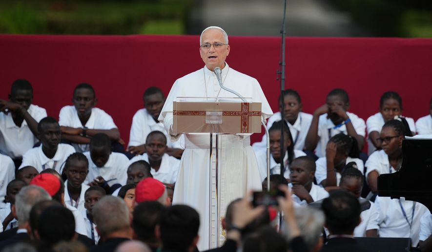 Pope Leo XIV speaks as he attends the "Canticle of Peace" prayer and fraternity meeting at Borgo Laudato Si' in Castel Gandolfo, about 30 kilometers (19 miles) southwest of Rome, Italy, Wednesday, July 29, 2026. (AP Photo/Alessandra Tarantino)