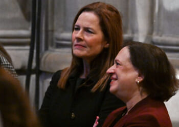 WASHINGTON, DC - JANUARY 9: Supreme Court Associate Justices Amy Coney Barrett and Elena Kagan arrive ahead of the state funeral services for former President Jimmy Carter at the National Cathedral on January 9, 2025 in Washington, D.C. Afterwards Carter's body will be flown back to Georgia and buried in his hometown, Plains. (Photo by Ricky Carioti/The Washington Post via Getty Images)