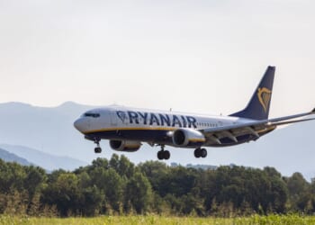 A Boeing 737 MAX 8-200 passenger aircraft, operated by Europe's leading low-cost airline Ryanair, lands at Il Caravaggio International Airport on July 11, 2026, in Orio al Serio, near Bergamo, Italy.