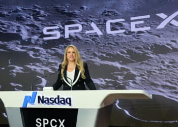 Gwynne Shotwell, SpaceX President and Chief Operating Officer, speaks before the launch of SpaceX's initial public offering at the Nasdaq MarketSite in New York on June 12, 2026.