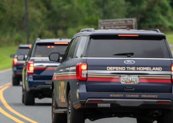 Immigration and Customs Enforcement agents in newly designed vehicles arrive ahead of a scheduled speech by President Donald Trump at the Park Police Anacostia Operating Facility on Aug. 21, 2025, in Washington, D.C.