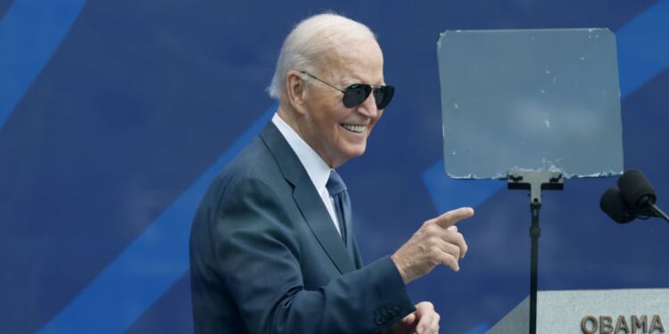 Former President Joe Biden attends the dedication ceremony for the opening of the Barack Obama Presidential Center, in John Lewis Plaza, on June 18, 2026, in Chicago, Illinois.