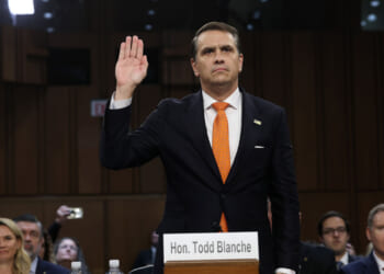 Acting Attorney General Todd Blanche gets sworn in at his confirmation hearing in front of the Senate Judiciary Committee on Capitol Hill July 15, 2026 in Washington, DC.