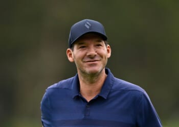 Tony Romo stands on the first green during the final round of the American Century Championship 2026 at Edgewood Tahoe Golf Course on July 12, 2026, in Stateline, Nevada.